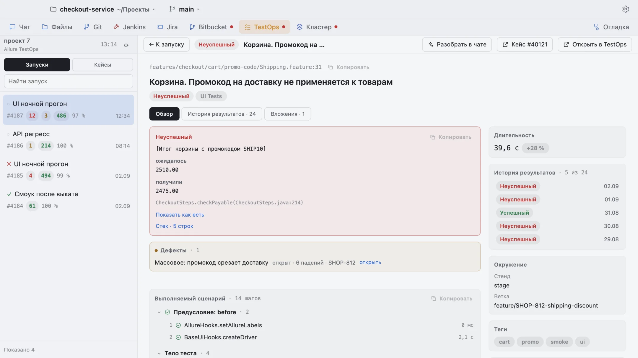 Раздел TestOps: страница упавшего прогона