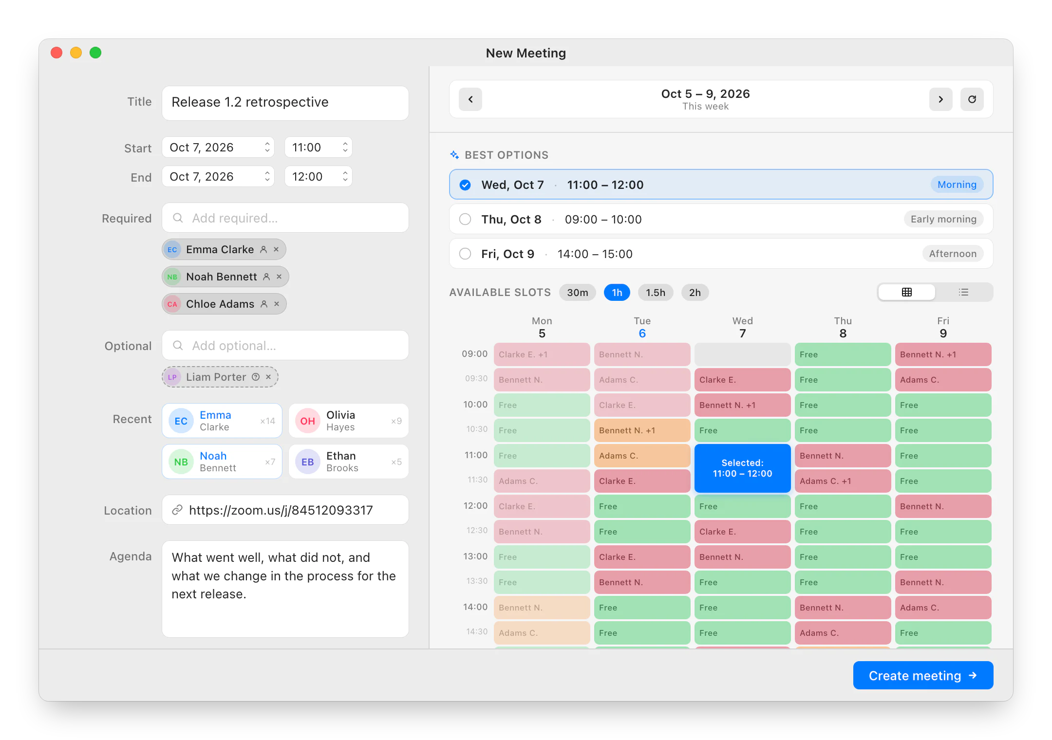 New meeting window with the availability grid