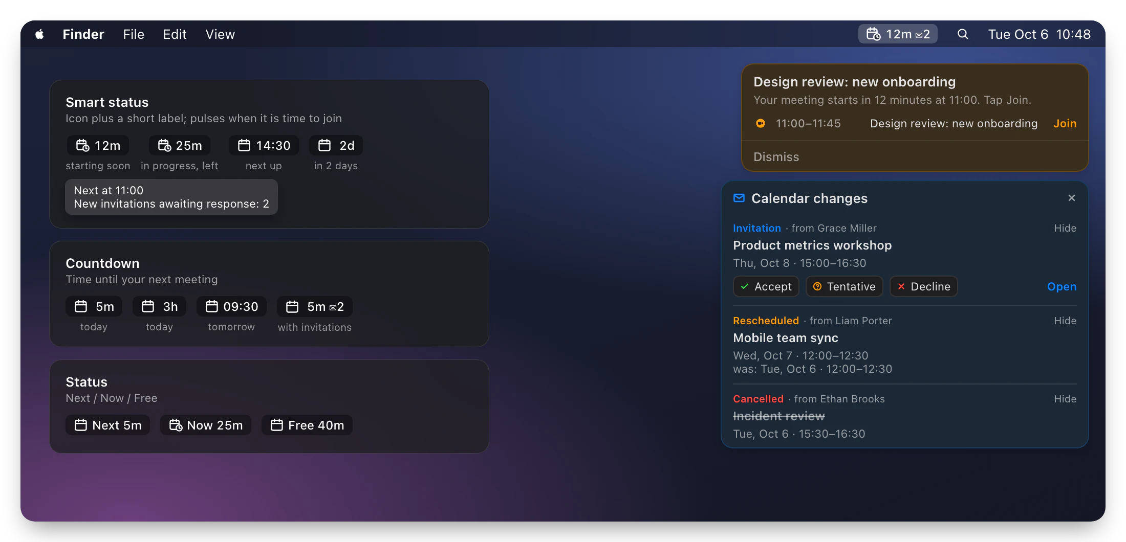 Menu bar modes, a meeting reminder and the calendar changes panel