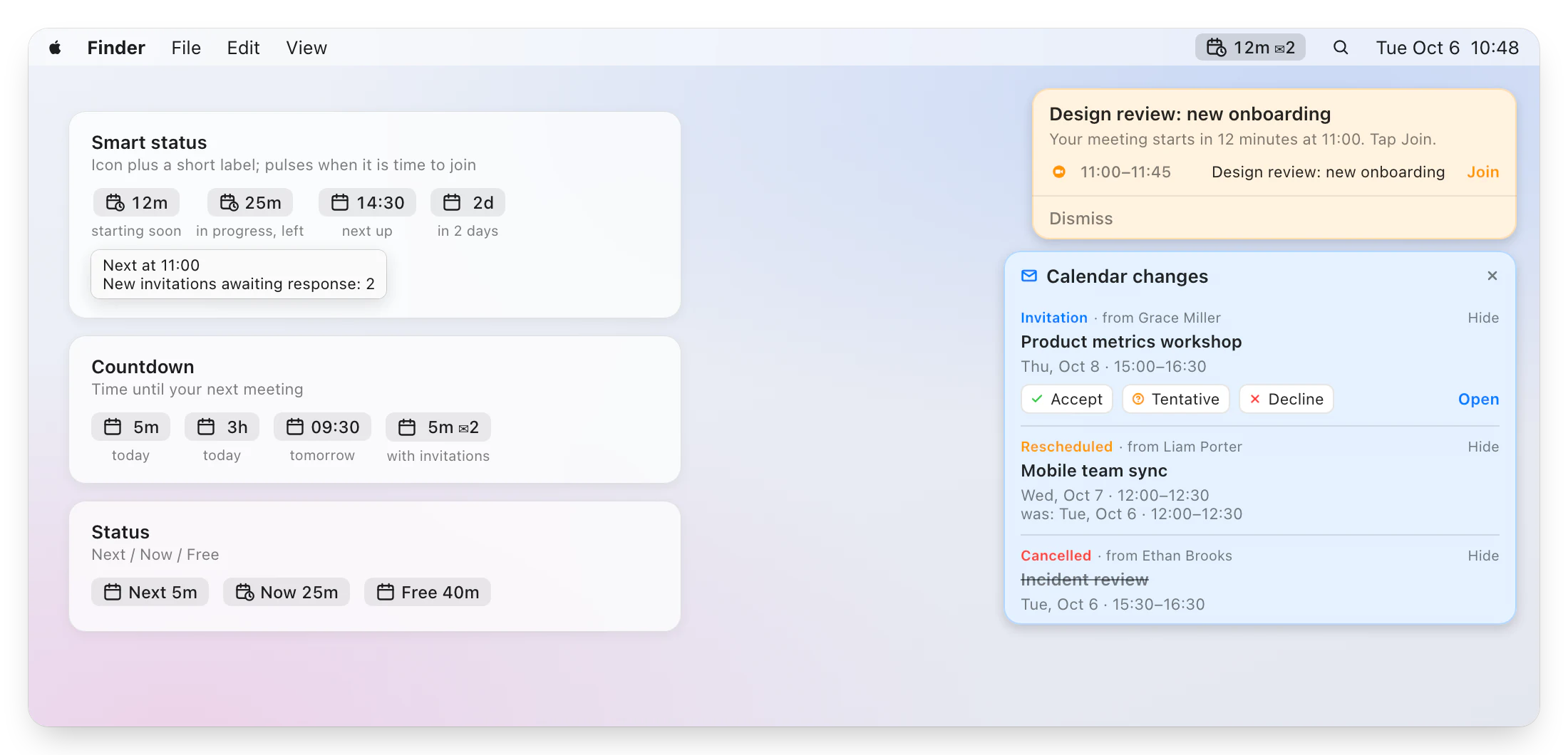 Menu bar modes, a meeting reminder and the calendar changes panel
