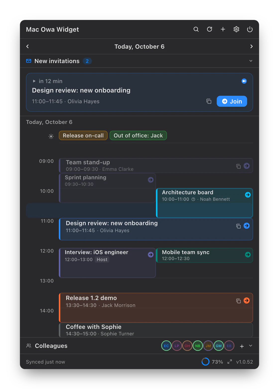 OWA Widget window: the day timeline, next meeting, all-day events and colleagues