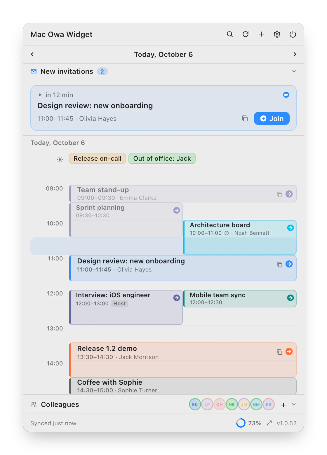 OWA Widget window: the day timeline, next meeting, all-day events and colleagues