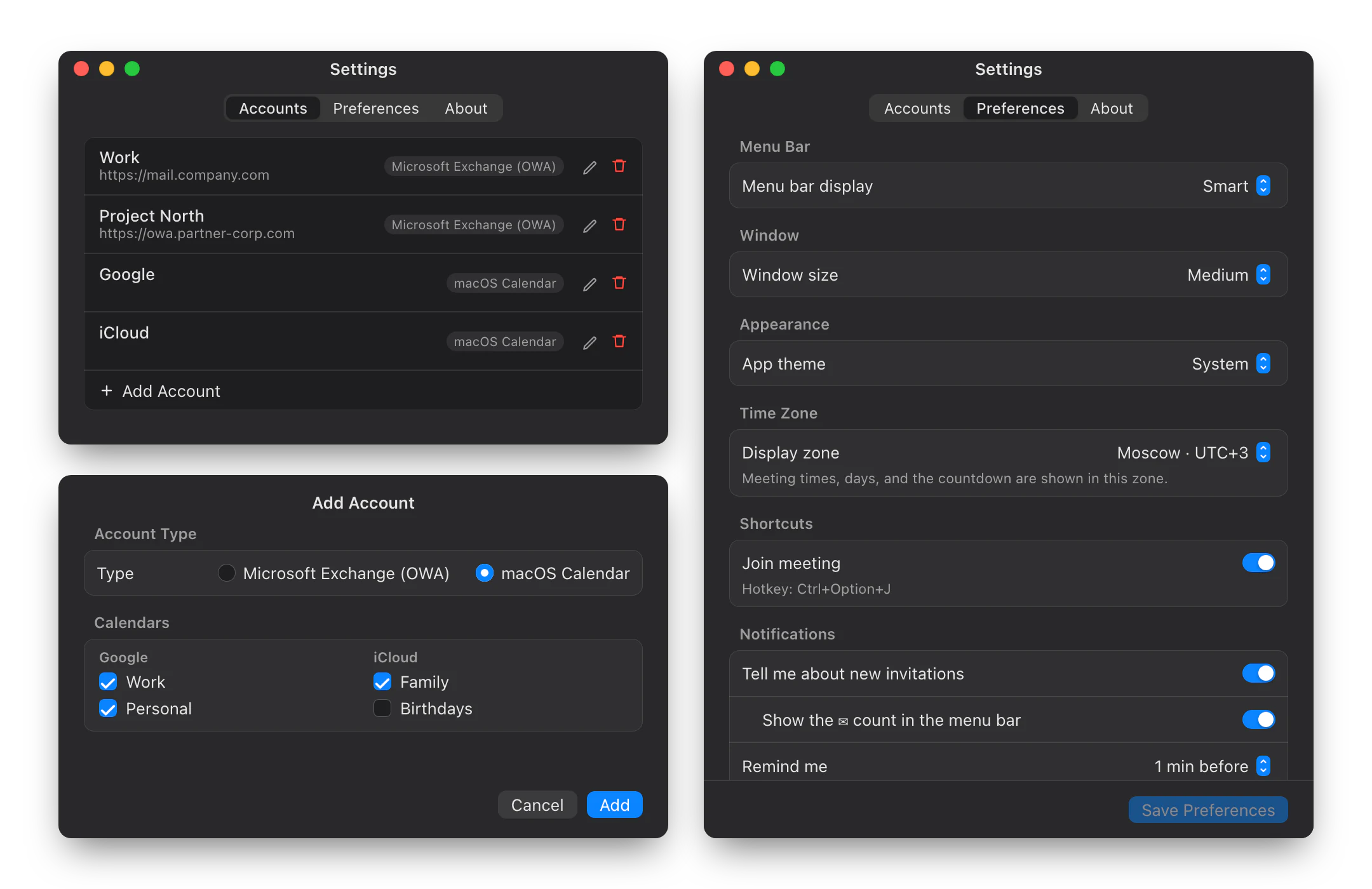 Accounts list, macOS calendar picker and preferences