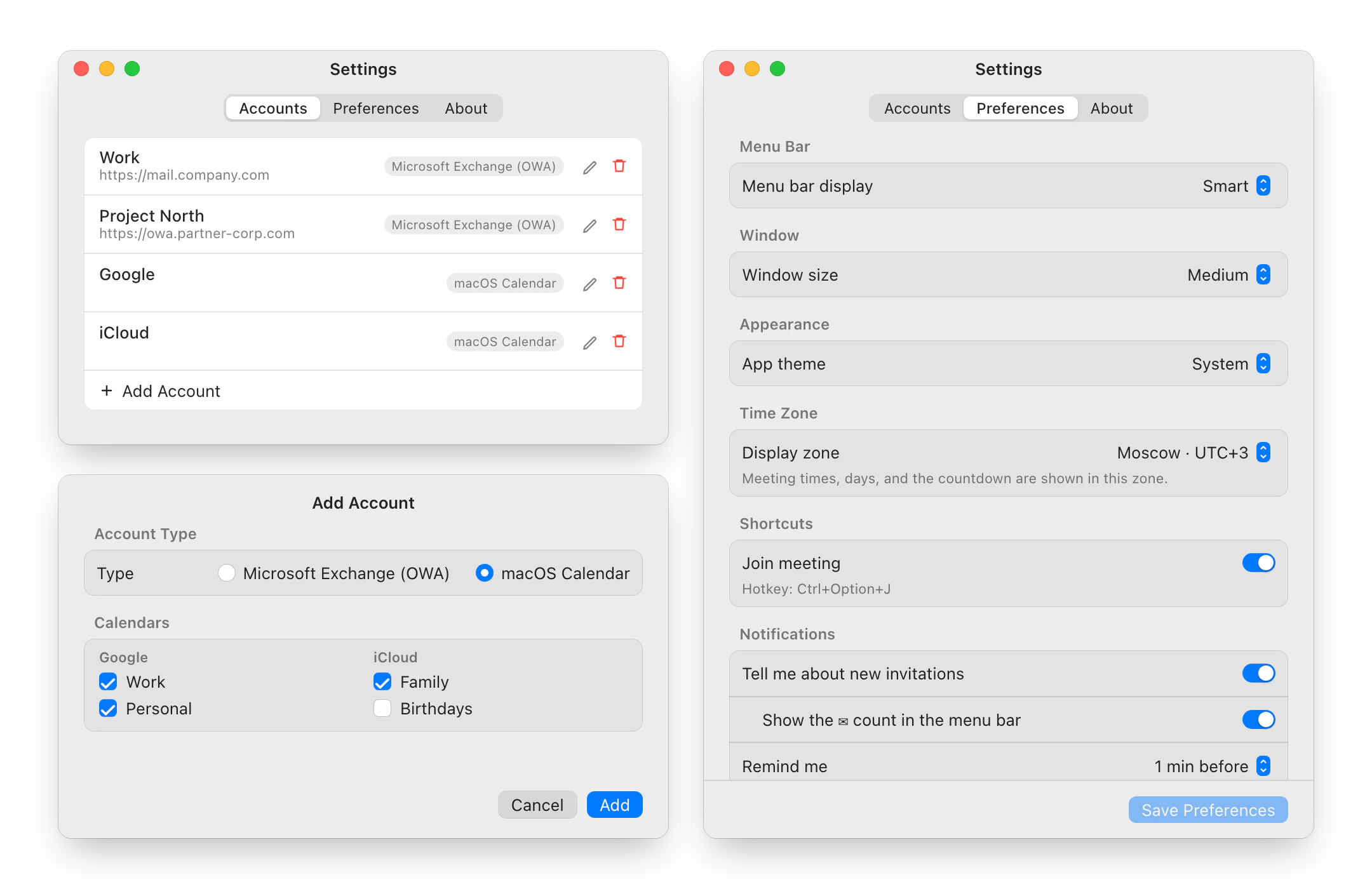 Accounts list, macOS calendar picker and preferences